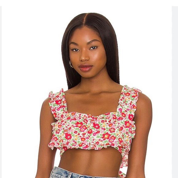 For Love And Lemons Tops - For Love & Lemons Pink Floral Ruffle Crop Top
